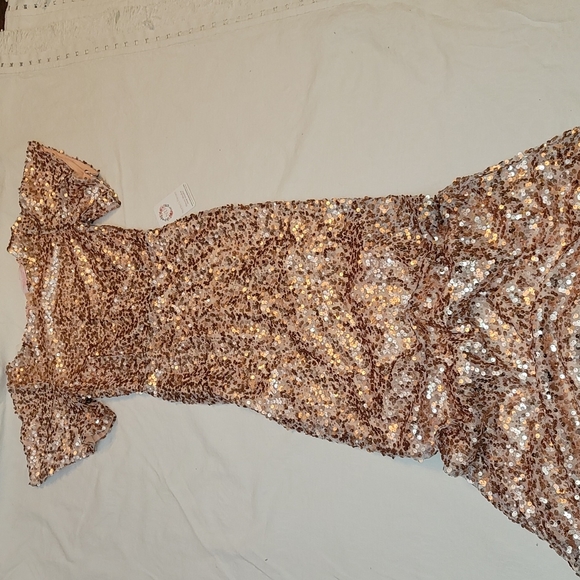 NeeSee's Dresses evening gown rose gold sequins round neck bell sleeves sz small - Picture 12 of 13